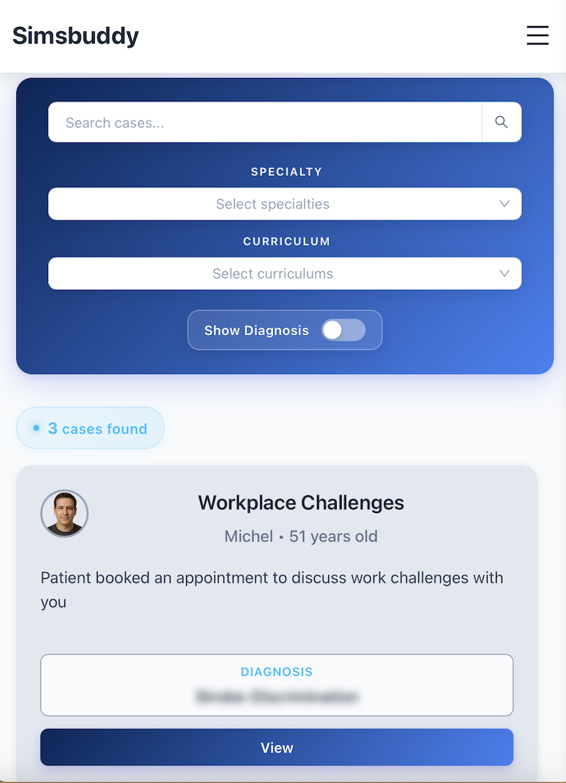 Station Selection Interface showing available medical exam cases