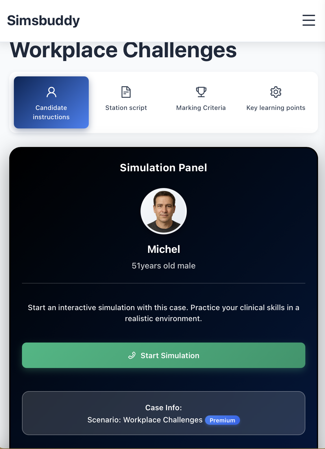 AI Virtual Patient Simulator interface with conversation and clinical decision tracking