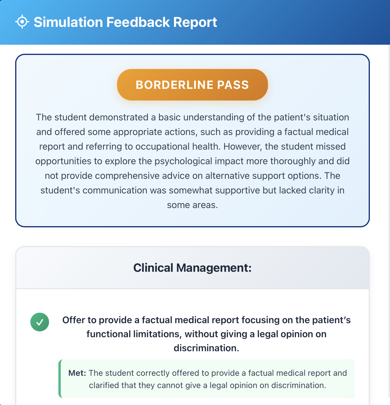 Performance Feedback Report showing detailed analysis and improvement suggestions
